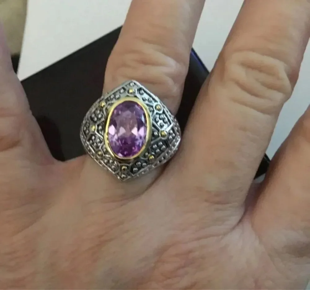 3Ct. 2-Tone Bead Bezel Set Oval Amethyst Ornate Ring Sz 9